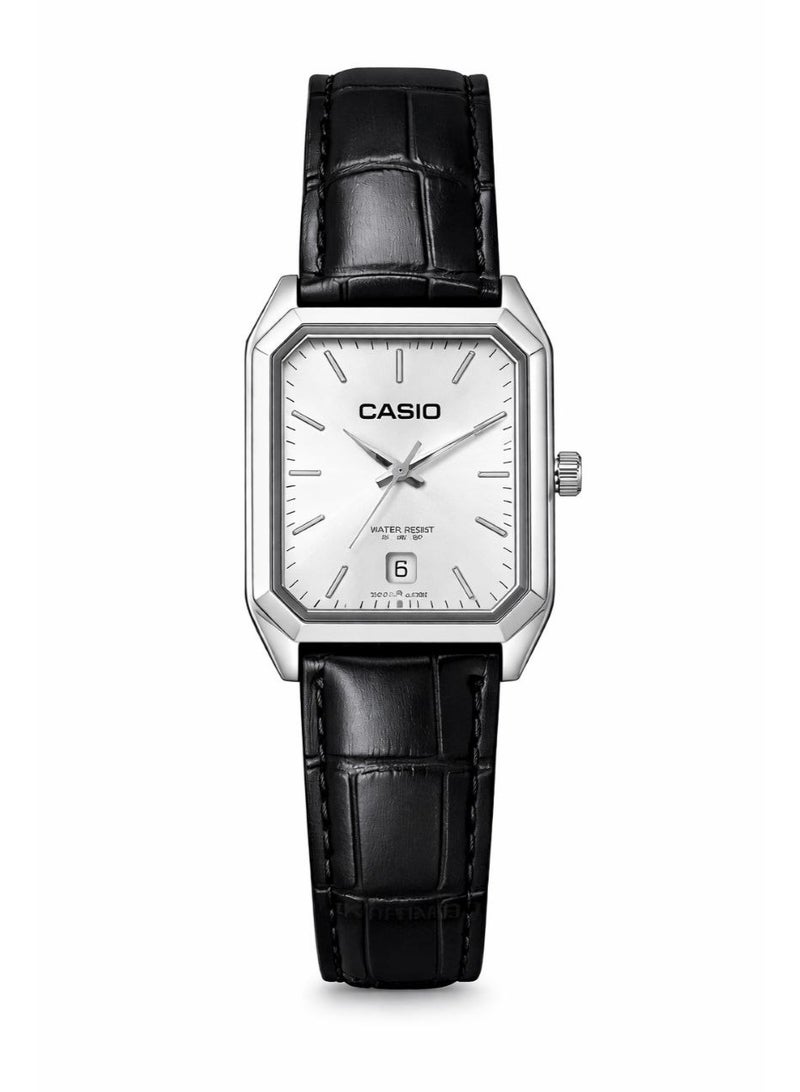 Casio Rectangular Stainless Steel Watch with White Dial & Black Leather Strap
